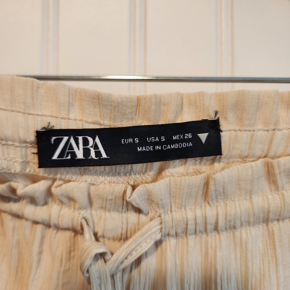 ZARA Tan Cream Crepe Euro Summer Drawstring Waist Wide Leg Pants Small - Picture 5 of 5